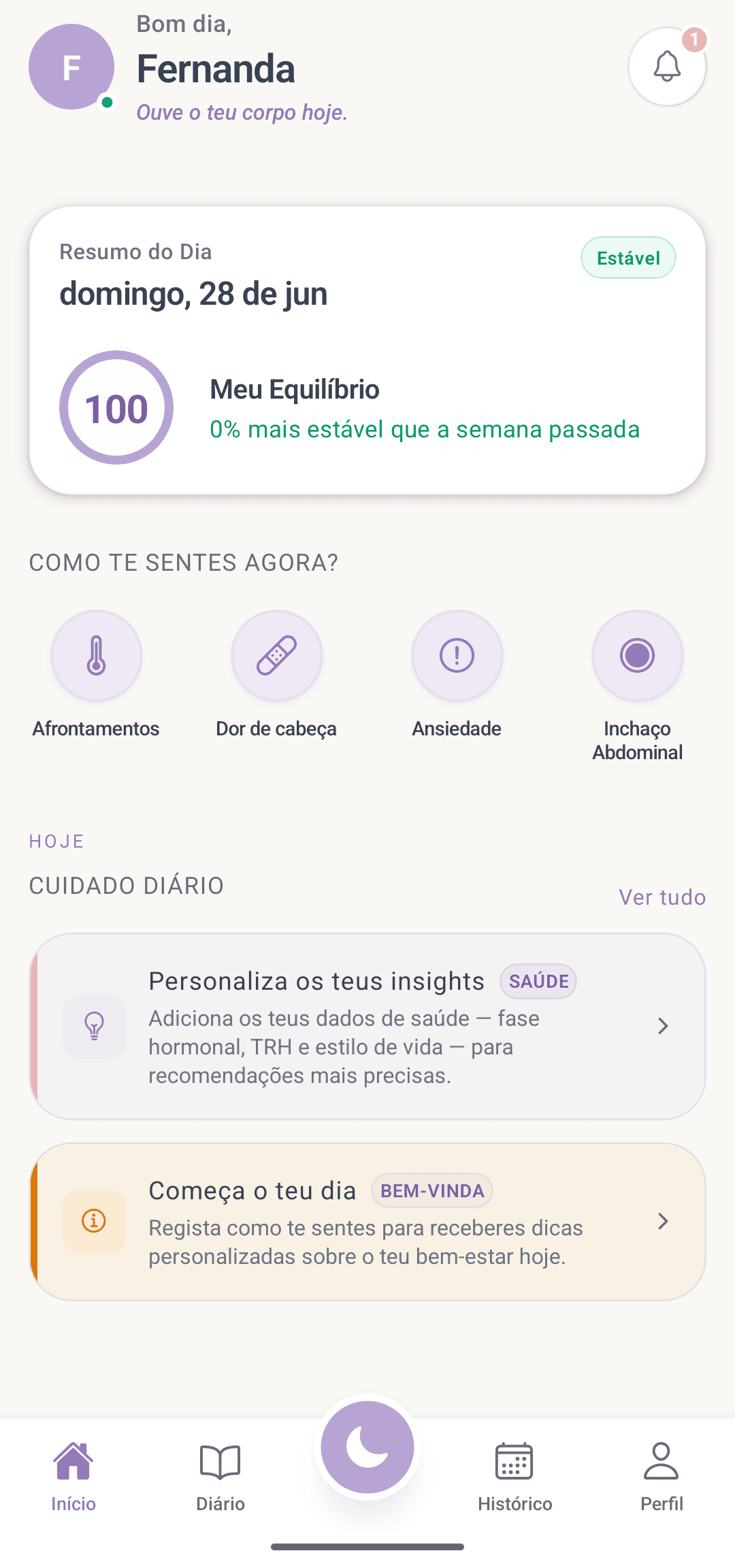 Dashboard de bem-estar da Jaci, mostrando pontuação de equilíbrio e registo de sintomas