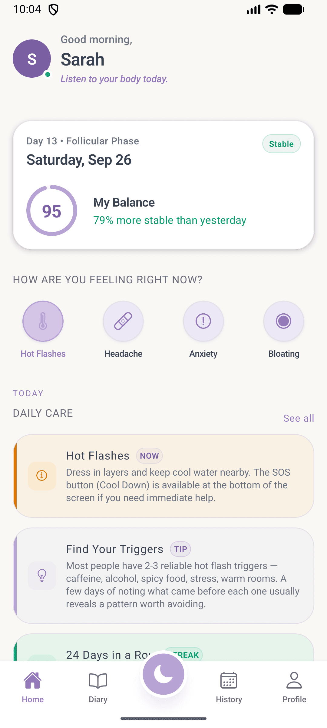 Jaci's home screen with today's wellness score and quick symptom logging